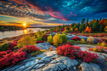 serene dusk landscape unfolds with vibrant hues of red, orange, and yellow foliage reflecting on calm river. colorful sky enhances tranquil atmosphere