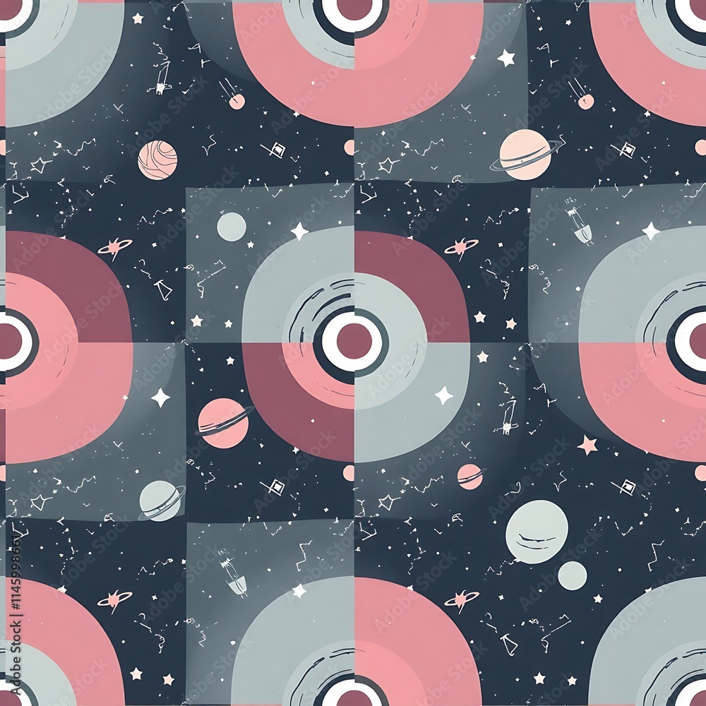 Poster cosmic tapestry: a whimsical and abstract seamless pattern featuring a celestial-inspired design wit