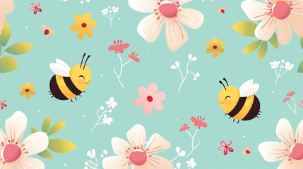 A cute bee illustration featuring a happy honey bee surrounded by spring flowers, ideal for a spring sticker sheet design, perfect for nature and insect lovers celebrating the season of renewal.
