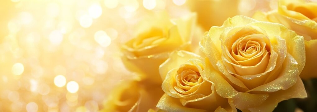 yellow roses flower soft romance background with beautiful glitter and copy space for header