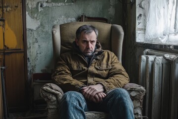 A man in a worn-out jacket sits in a dilapidated room on an aged chair, looking pensive and thoughtful with an air of solitude in a rundown space.