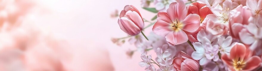 Fresh spring tulip flowers banner Floral border Bouquet