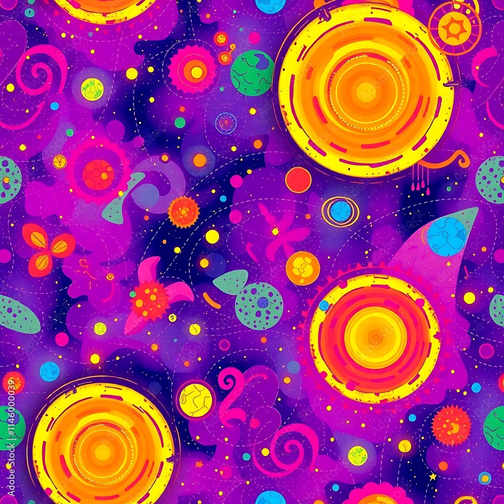 Poster cosmic dreamscape: a vibrant and psychedelic seamless pattern, bursting with colorful abstract shape