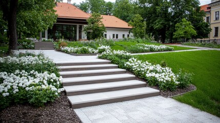 Obraz premium Wide stone steps leading through a beautifully landscaped garden with white flowers towards a house with an orange roof.
