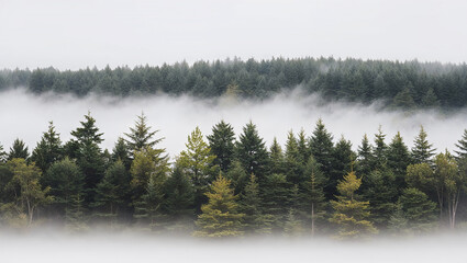Obraz premium Evergreen forest emerging from fog in the pacific northwest