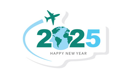 Happy New Year 2024, vector, icon, sticker with airplane.