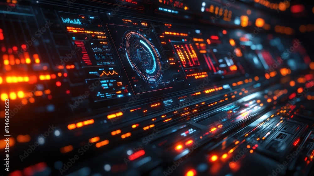 Poster futuristic technology interface: a glowing digital dashboard display