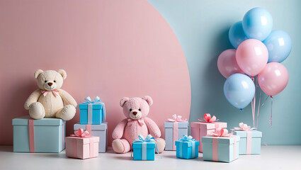 Teddy bears sitting on gifts with balloons celebrating baby gender reveal party