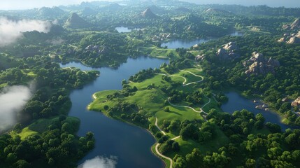 Aerial View of Lush Green Landscape with Lakes and Rolling Hills