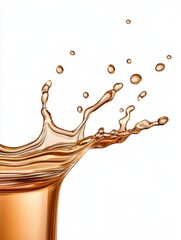 A photostock of shiny golden liquid splashing mid-air with realistic ripples, isolated on a clean white background, luxurious and dynamic, High Quality