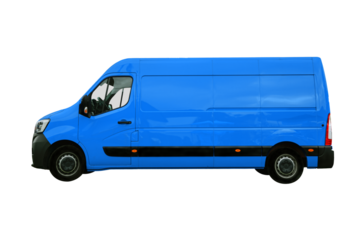 Side view of a new blue transport van car isolated on a transparent background.