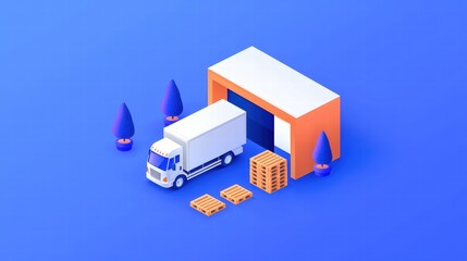 Truck Delivering Goods at Warehouse with Pallets and Trees in Background