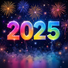 Colorful Fireworks Celebrating the Year 2025 in a Vibrant Night Sky