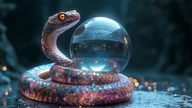A snake with scales that look like polished gemstones, coiled around a floating sphere of liquid mercury.
