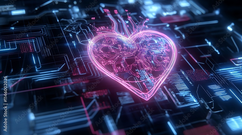 Poster a heart shaped circuit design symbolizing technology and emotion in a digital world