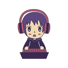 Cute Gamer Boy Kid Character Wearing Headset Playing Game with Laptop with Shocked Expression