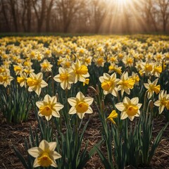 Fototapeta premium A vibrant field of daffodil flowers sways gently in the breeze, their bright yellow petals glowing under the warm sunlight, creating a cheerful and picturesque scene of natural beauty.