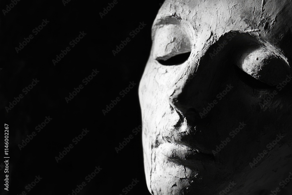 Poster a close-up shot of a mask in black and white, ideal for use as a design element or to represent anon