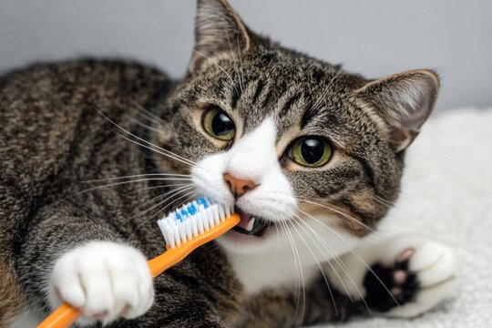 A cat is depicted laying down with a toothbrush in its mouth
