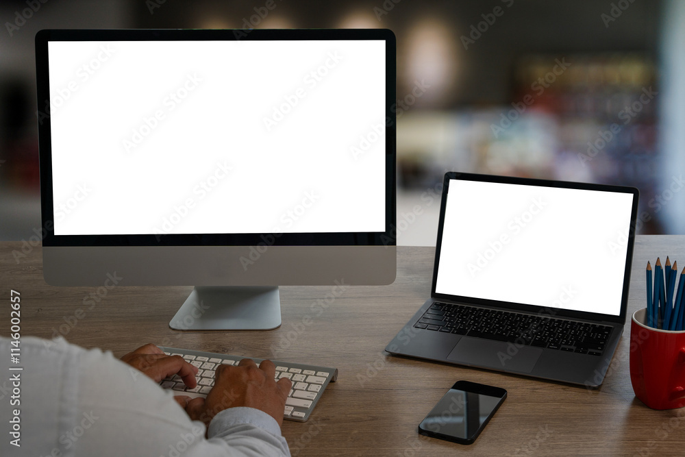 Poster young man working businessman using a desktop computer of the blank screen