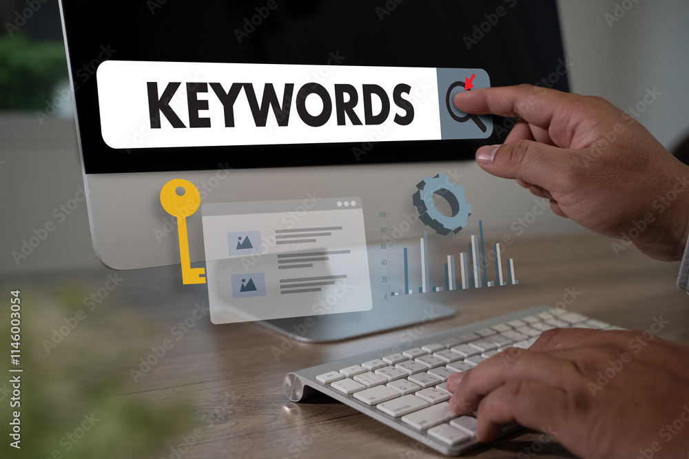 Poster businessmanman search website for content keywords on laptop browse in office optimize seo engine.