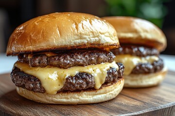 Freshly baked cheeseburgers on a rustic wooden cutting board, ready for serving