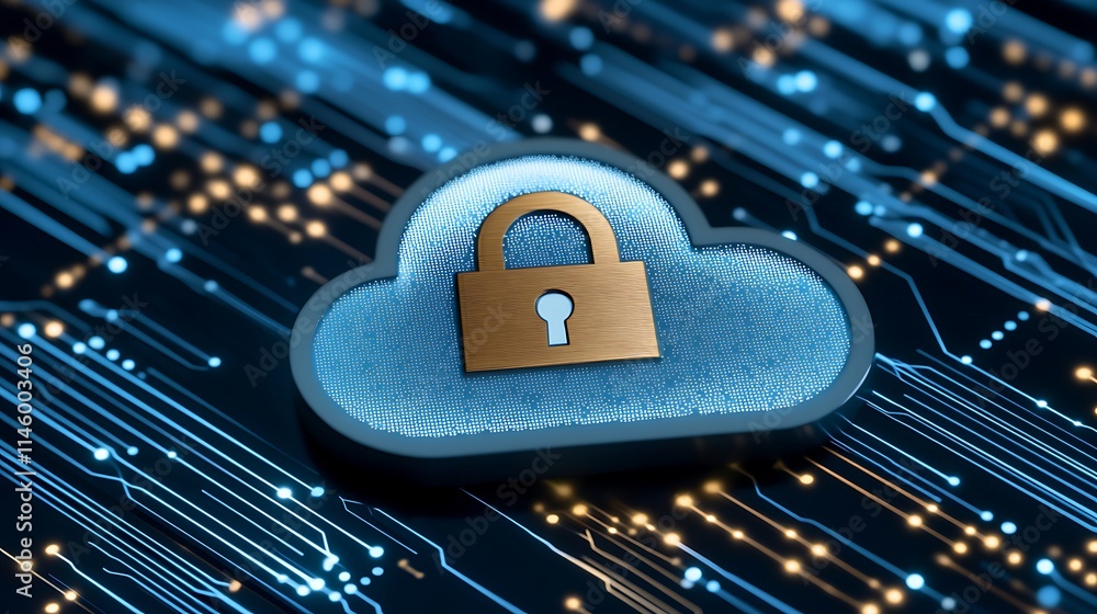 Poster a secure cloud storage icon with a padlock on a digital circuit background