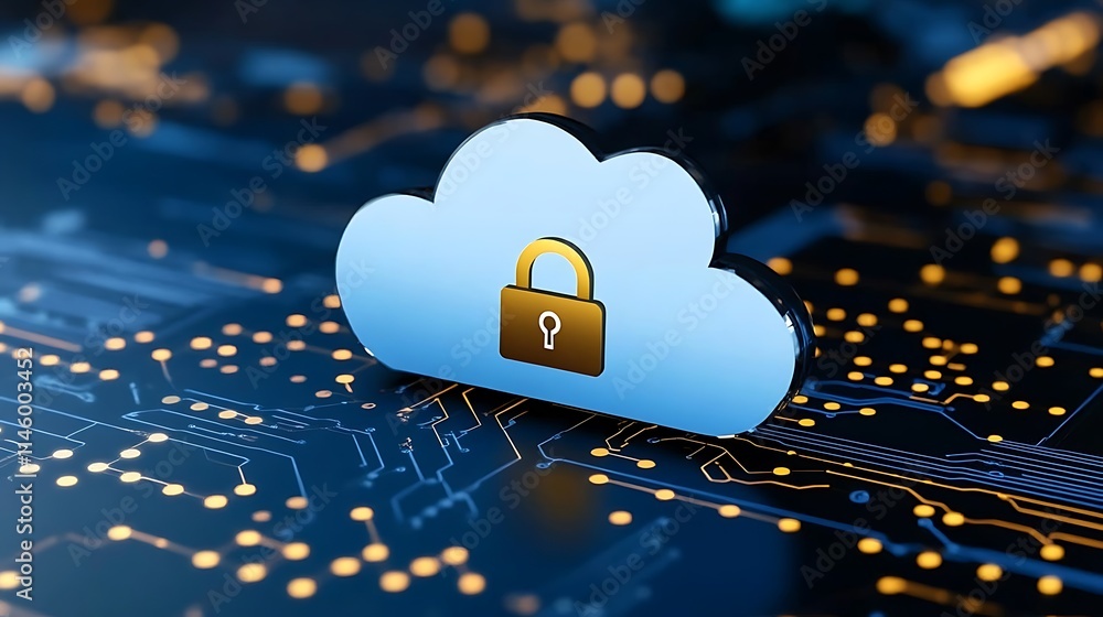 Poster a secure cloud storage icon with a padlock on a digital circuit background