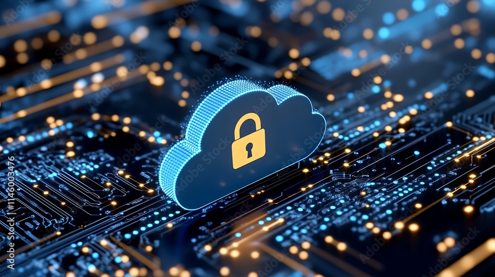 Poster a secure cloud storage icon with a padlock on a digital circuit background
