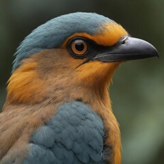 Fototapeta premium Stunning Bird Portrait: Blue-Green and Yellow-Orange Plumage with Blurred Background