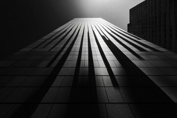 A towering skyscraper reaches skyward, its gleaming facade casting dramatic shadow patterns, evoking a sense of modernity and architectural grandeur.