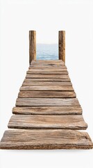 Fototapeta premium A photostock of a smooth wooden pier extending into the horizon, isolated on a clean white background, serene and minimalist, High Quality