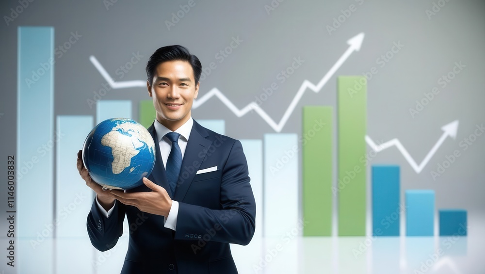 Poster a confident businessman holds a globe, symbolizing global growth, set against a backdrop of rising g