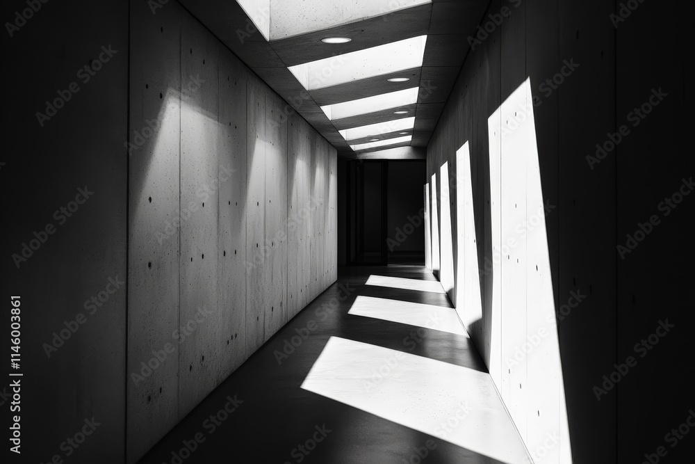 Poster a stark concrete hallway brought to life by dramatic rays of sunlight streaming through overhead ape