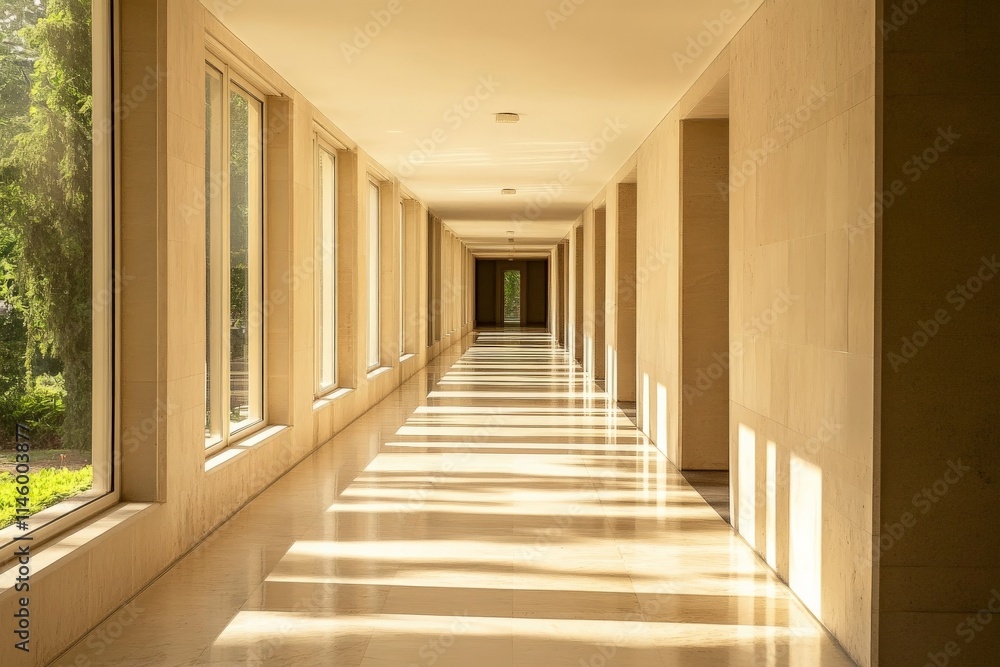 Poster An elegant corridor featuring luxurious marble floors that are drenched in sunlight streaming through expansive windows, creating warmth and sophistication.