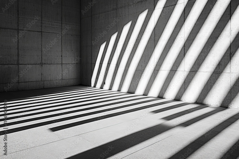 Poster a concrete wall in a minimalist space, with dramatic light and shadow patterns cast by natural light