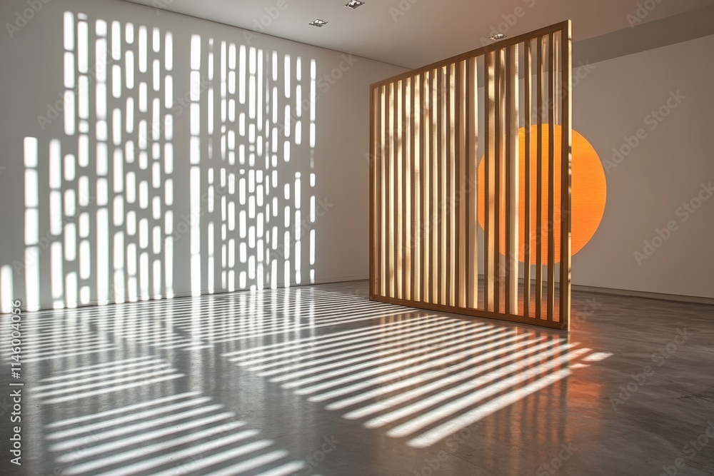 Poster An artistic installation casting light and shadow patterns on a concrete wall, featuring a wooden sculpture and bold orange circular element, blending art and space.