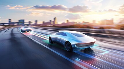 Naklejka premium Sleek modern car seamlessly merging with another on futuristic highway, symbolizing technological integration and innovation in automotive design and transportation advancements.