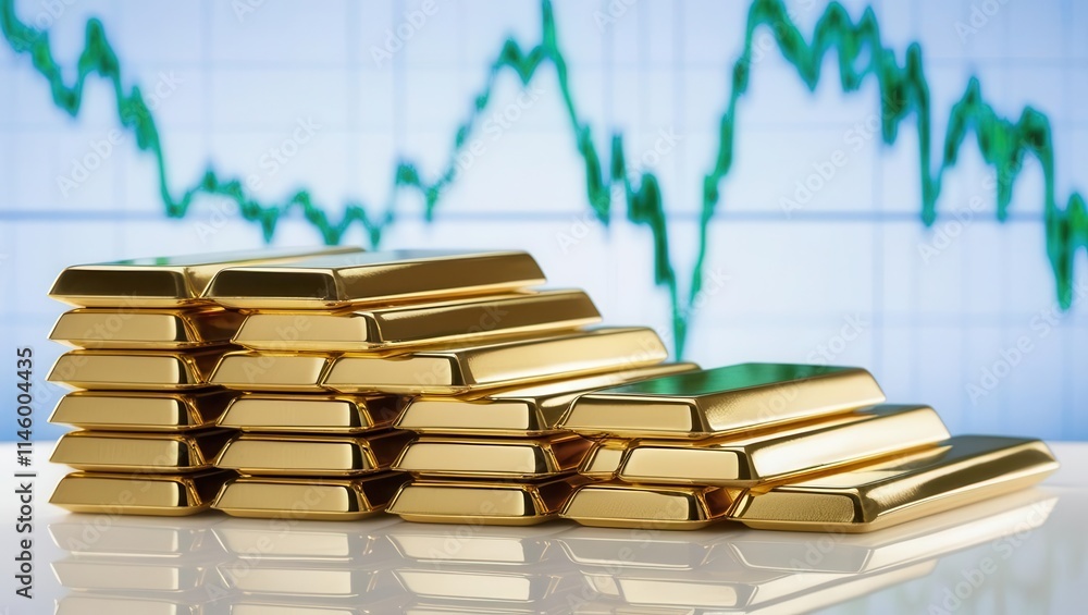 Poster a stack of gold bars is displayed in front of a fluctuating market graph, symbolizing wealth and inv