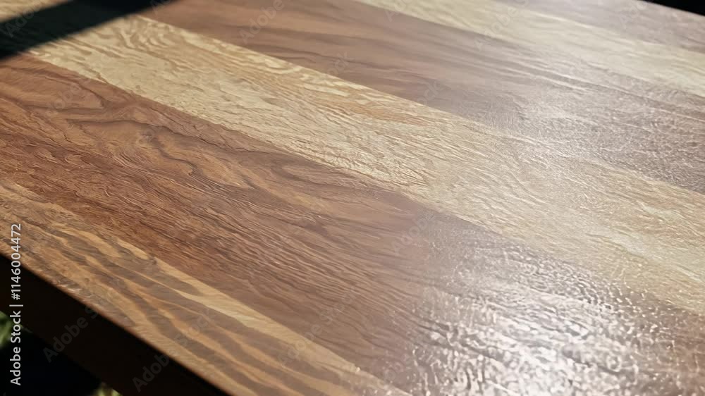 Poster the camera zooms in on a wooden table with reflective shadows, creating an elegant ambiance for prod