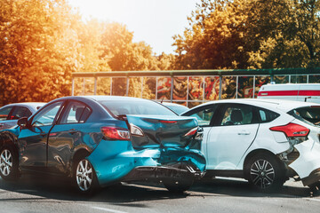 Traffic accident with damaged cars and responders