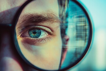 This photo shows a close-up of an eye seen through a magnifying glass, with vivid reflections visible, emphasizing the theme of observation and discovery.