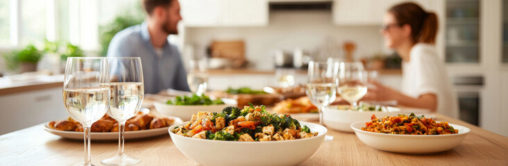Delicious meal with friends, featuring healthy dishes and drinks
