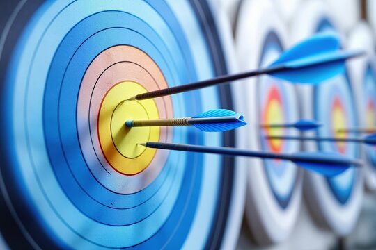 Colorful archery targets with arrows striking the bullseye.