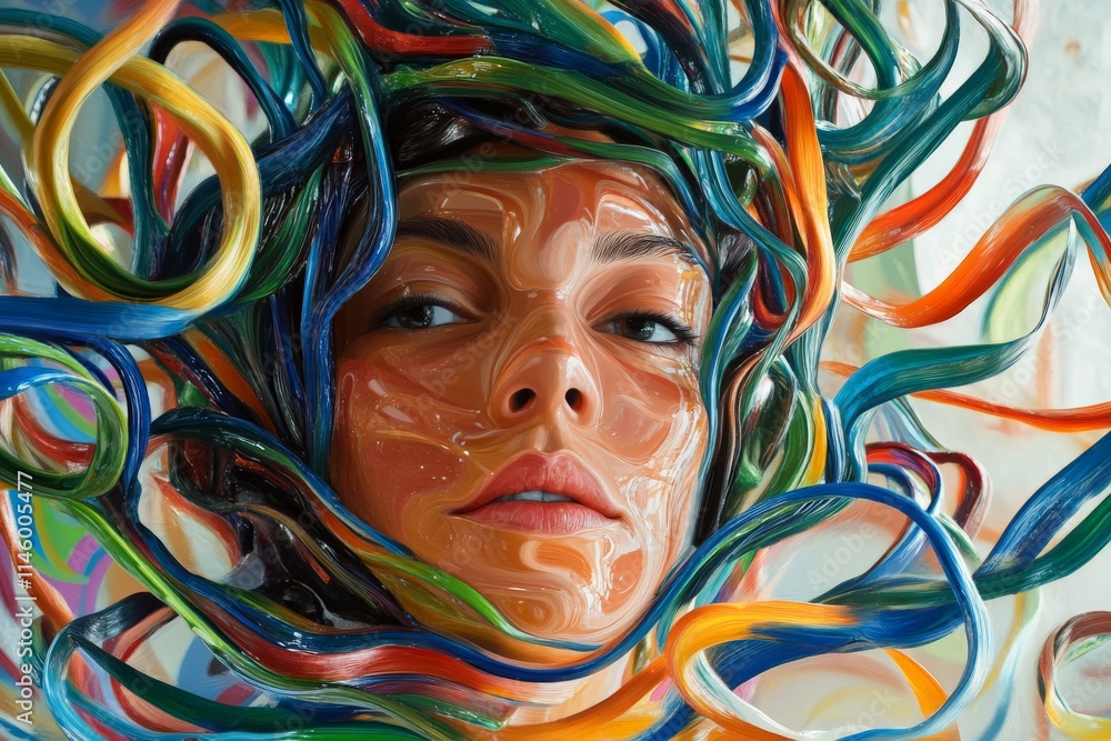 Aufkleber a mesmerizing surreal portrait of a young woman's face adorned with vibrant swirling ribbons, creati
