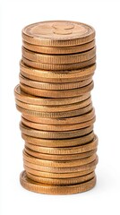 A photostock of golden coins stacked in piles and scattered, isolated on a clean white background, rich and detailed, High Quality