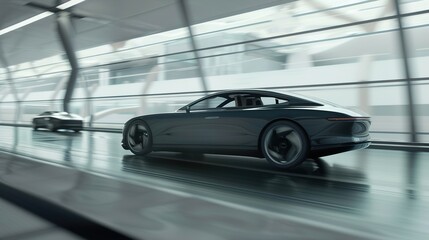 Sleek modern car seamlessly merging with another on futuristic highway, symbolizing technological integration and innovation in automotive design and transportation advancements.