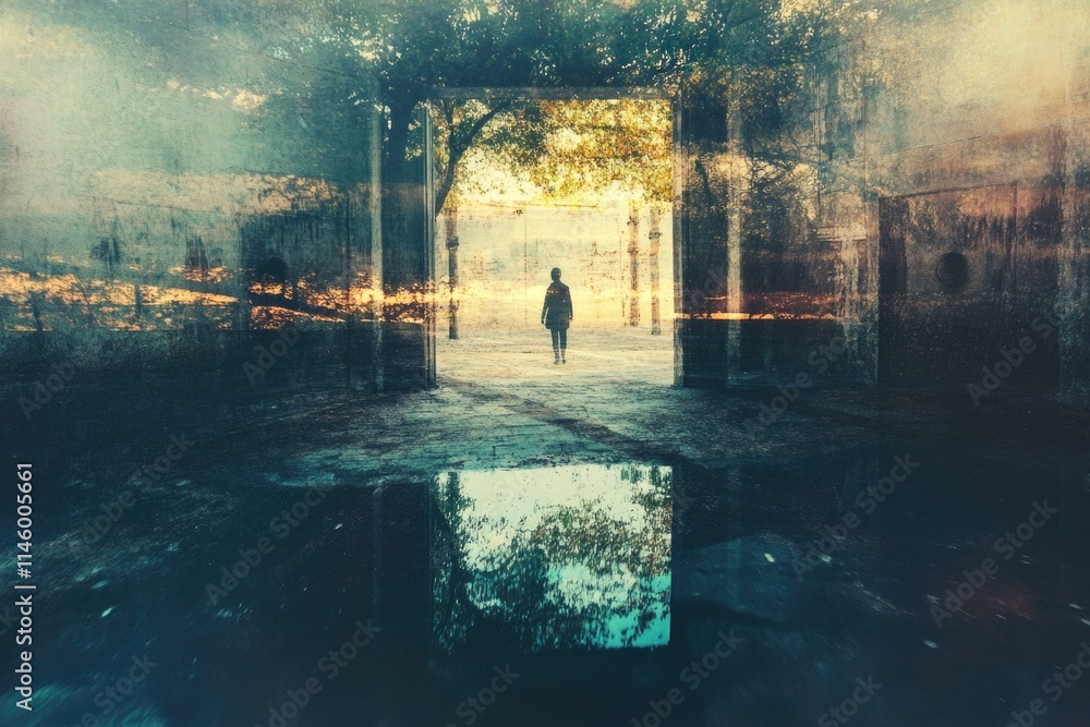 Poster a person stands in a doorway with a tree visible in the background