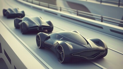 Sleek modern car seamlessly merging with another on futuristic highway, symbolizing technological integration and innovation in automotive design and transportation advancements.