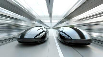 Sleek modern car seamlessly merging with another on futuristic highway, symbolizing technological integration and innovation in automotive design and transportation advancements.